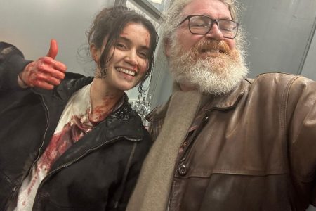 A selfie taken by director Paul Duane with Actress Simone Collins. Covered in fake blood smiling.